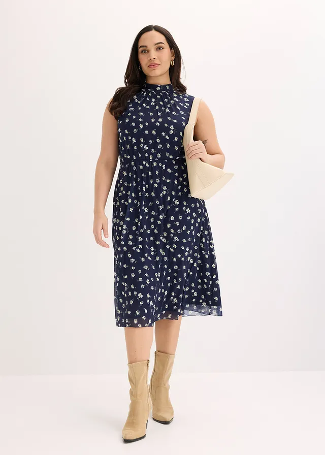 Robe en jersey et mesh fin, Couleur: bleu foncé floral