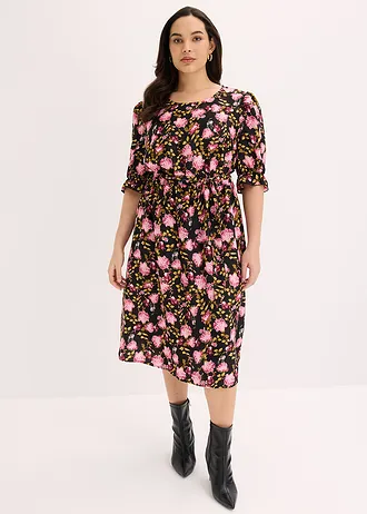 Midi jurk met pofmouwen, Kleur: zwart/kristalroze/matpink gebloemd