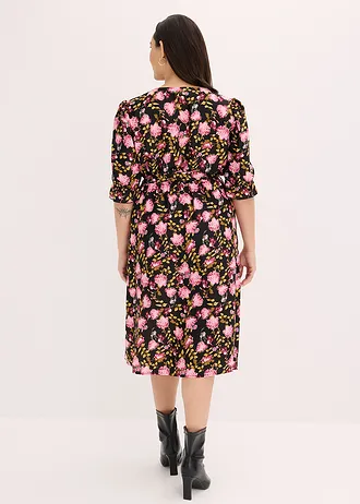 Rochie midi cu mâneci bufante, culoare: negru-roz-cristal-pink mat floral