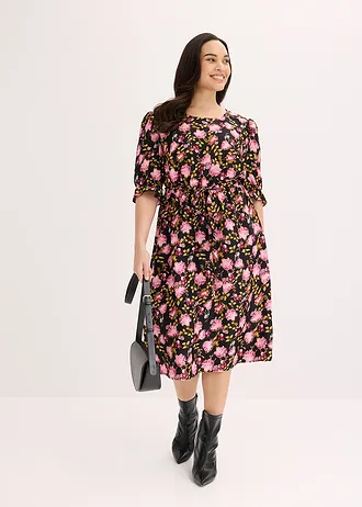 Midi jurk met pofmouwen, Kleur: zwart/kristalroze/matpink gebloemd