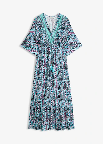 Maxi jurk van soepele viscose, Kleur: turkoois/paars gedessineerd