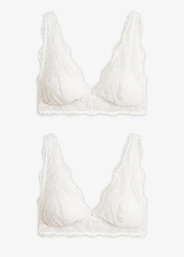 Lot de 2 soutiens-gorge bralette en dentelle, sans armatures, Couleur: blanc + blanc