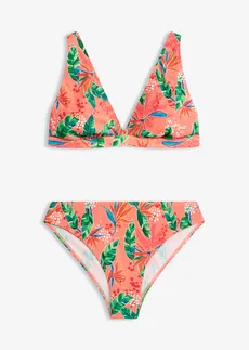 Costum baie cu model triunghiular (set/2piese), culoare: corai floral cu imprimeu