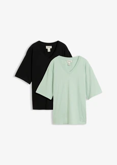 Lot de 2 T-shirts amples en fil flammé 100% coton • noir-menthe cristal • Boutique bonprix