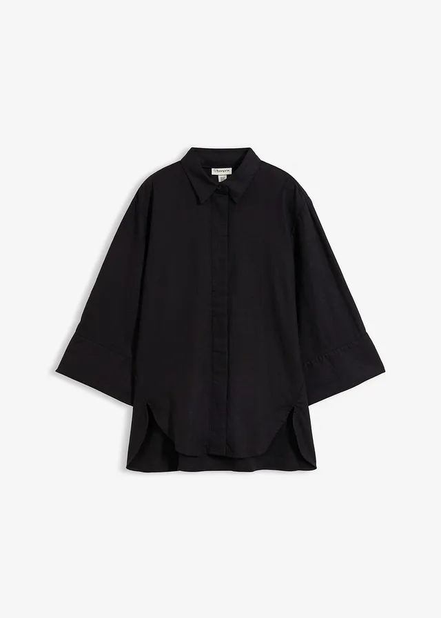 Overhemdblouse in een koele linnenmix • zwart • bonprix online shop