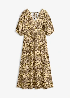 Midi jurk van soepele viscose, Kleur: kiezelbeige-natuurgroen gedessineerd