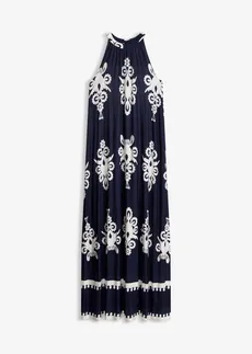 Jersey jurk in een zachte visocemix, Kleur: donkerblauw-wolwit gedessineerd