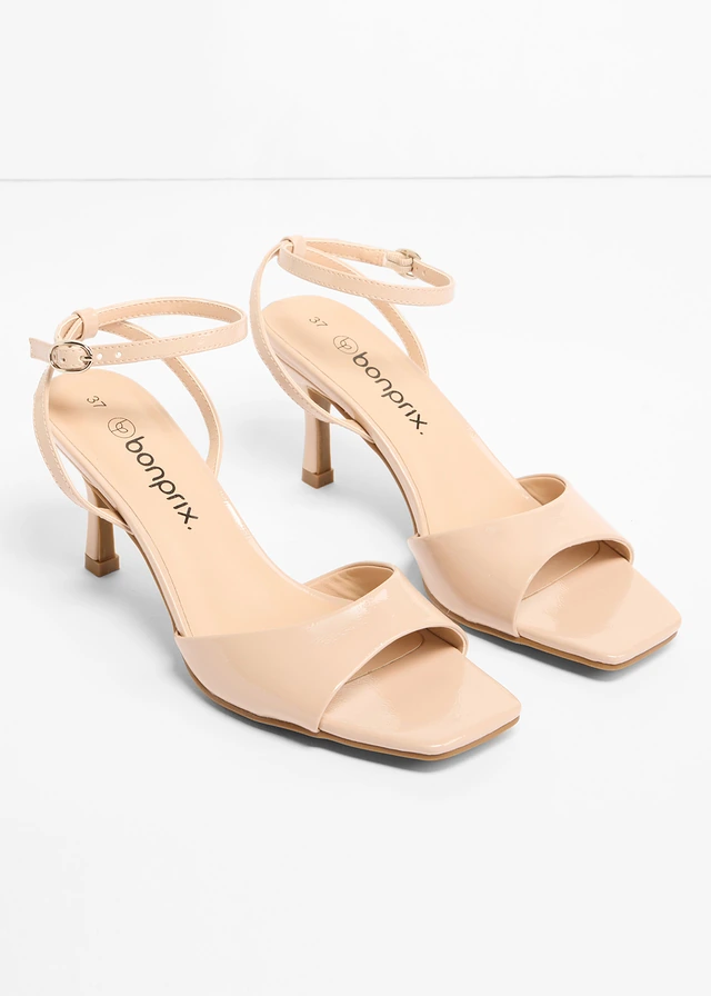 Sandalen met riempjes in laklook, Kleur: beige