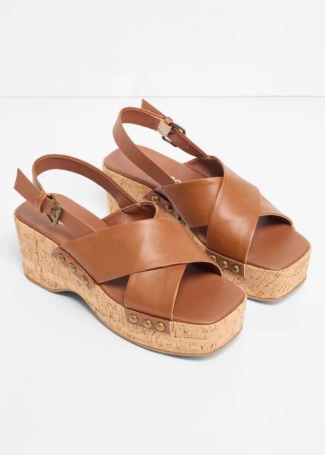 Sleehak sandaletten in kurklook, Kleur: bruin