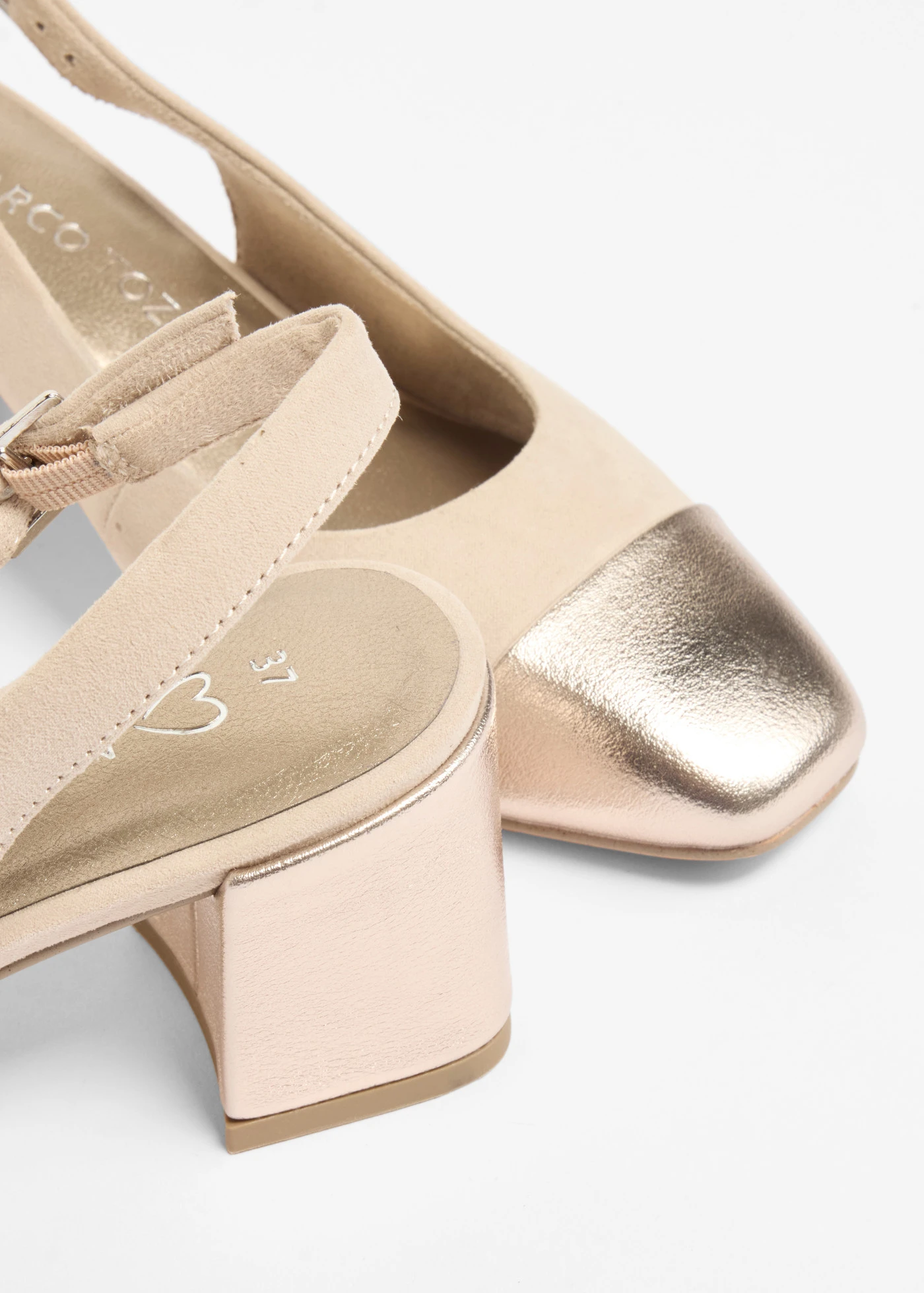 Pantofi pumps cu călcâi liber Marco Tozzi cu toc pătrat • bej/auriu • magazin bonprix