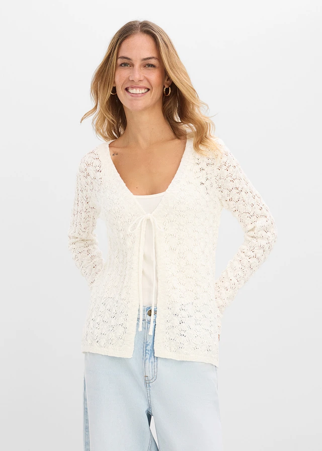 Gilet en maille ajourée 100% coton, Couleur: écru