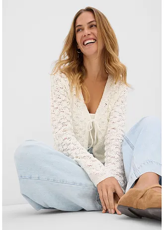 Jachetă tricotată ajour din bumbac 100% • ecru • magazin bonprix