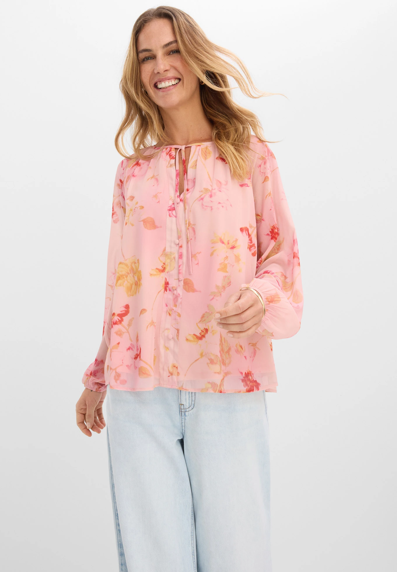 Chiffonblouse met strikbandjes • roze-pink gebloemd • bonprix online shop