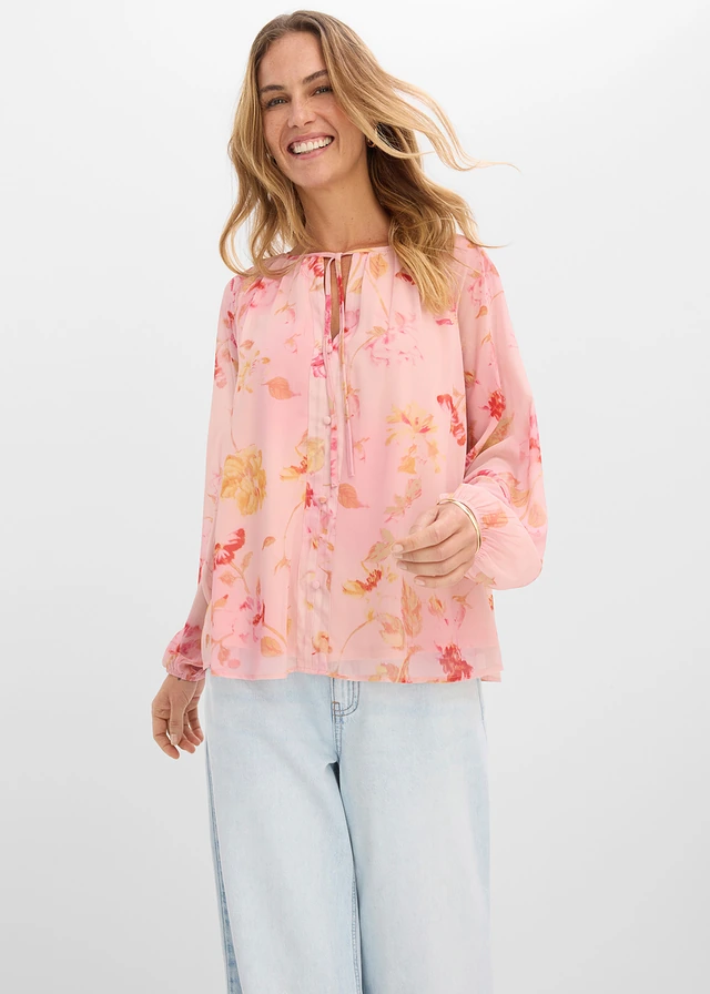 Chiffonblouse met strikbandjes, Kleur: roze-pink gebloemd