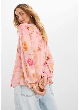 Chiffonblouse met strikbandjes, Kleur: roze-pink gebloemd