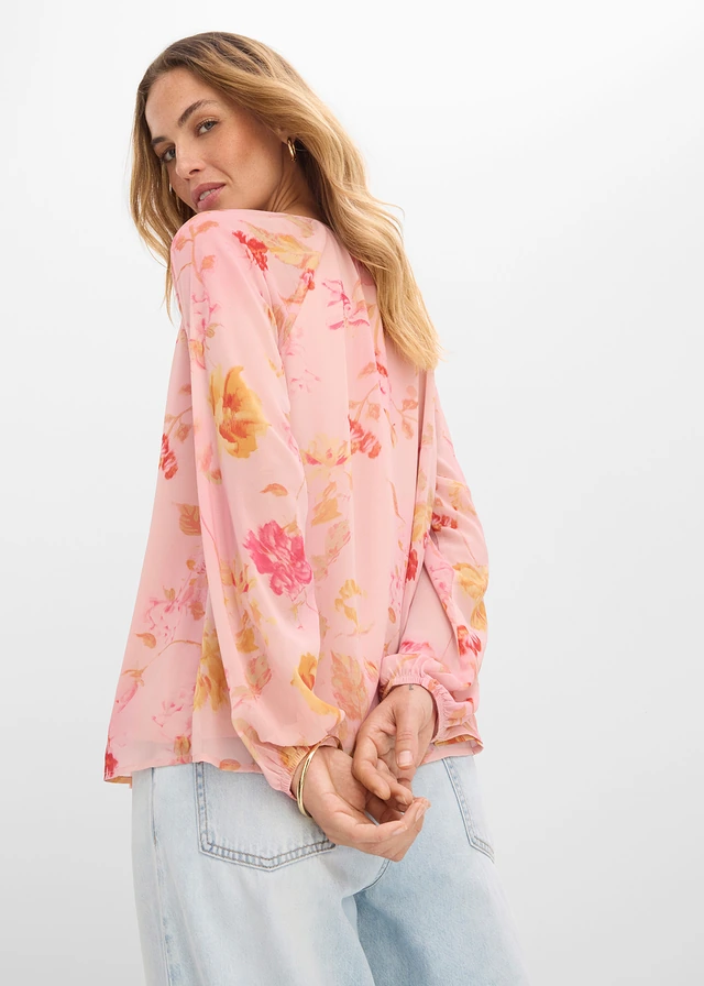 Chiffonblouse met strikbandjes • roze-pink gebloemd • product-page.page-title-suffix