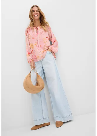 Chiffonblouse met strikbandjes, Kleur: roze-pink gebloemd