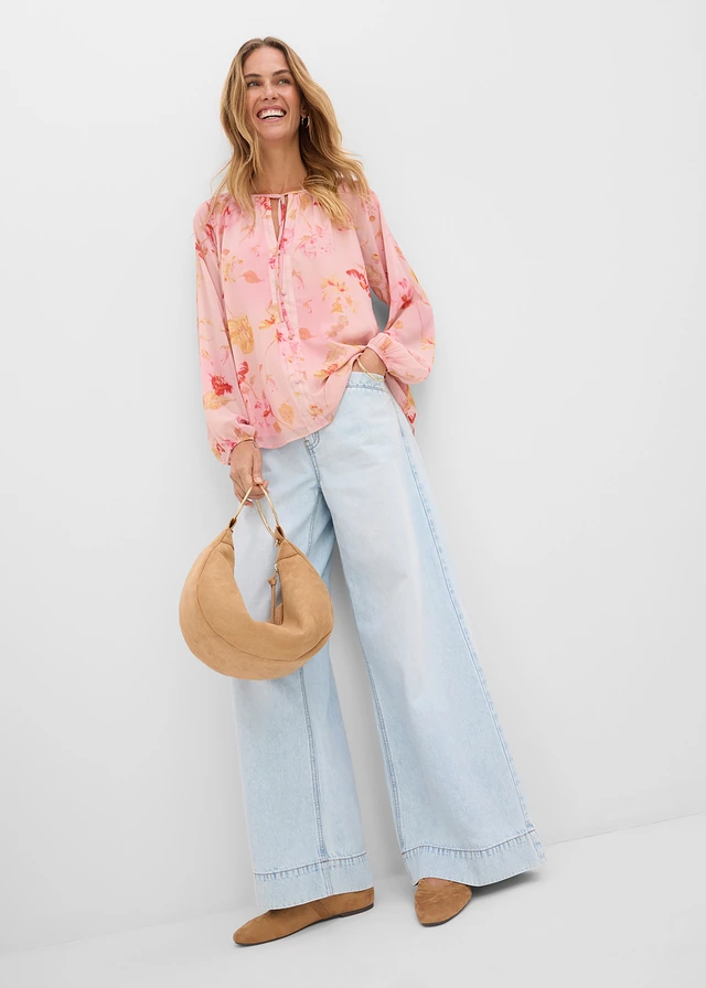 Bluză din șifon cu șiret de legare roz-pink floral