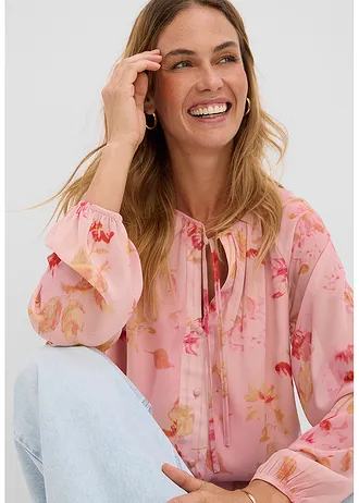 Šifonová halenka s vázačkami • růžovo-pink s květy • bonprix obchod