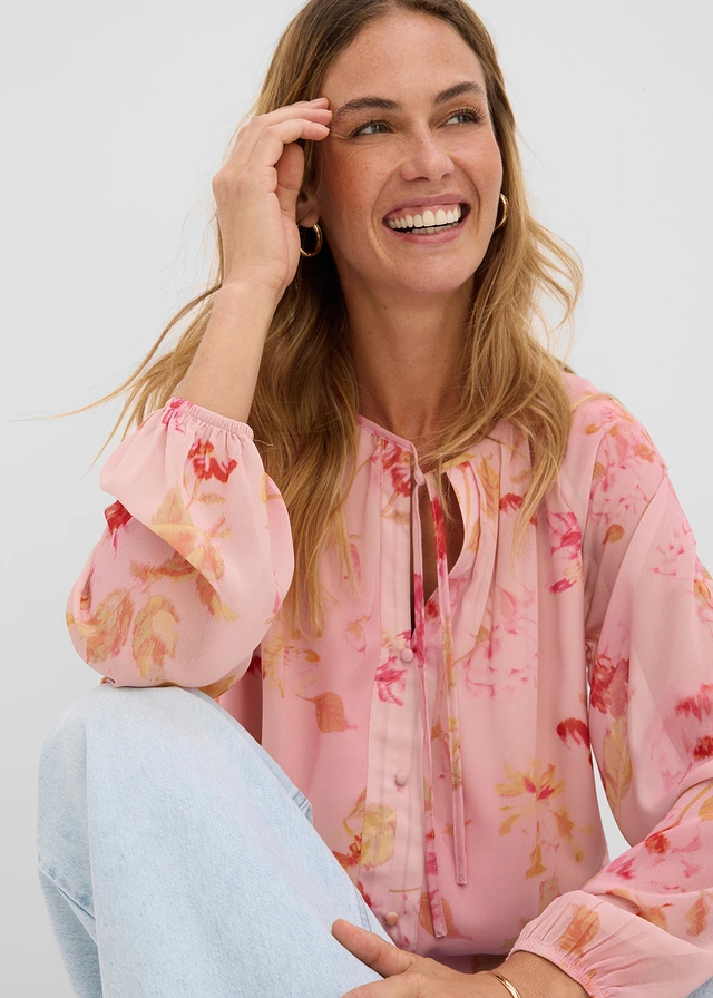 Chiffonblouse met strikbandjes • roze-pink gebloemd • product-page.page-title-suffix