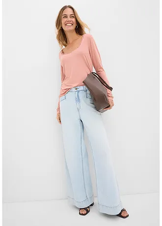 Longsleeve van een zachte viscose-mix, Kleur: poederbruin