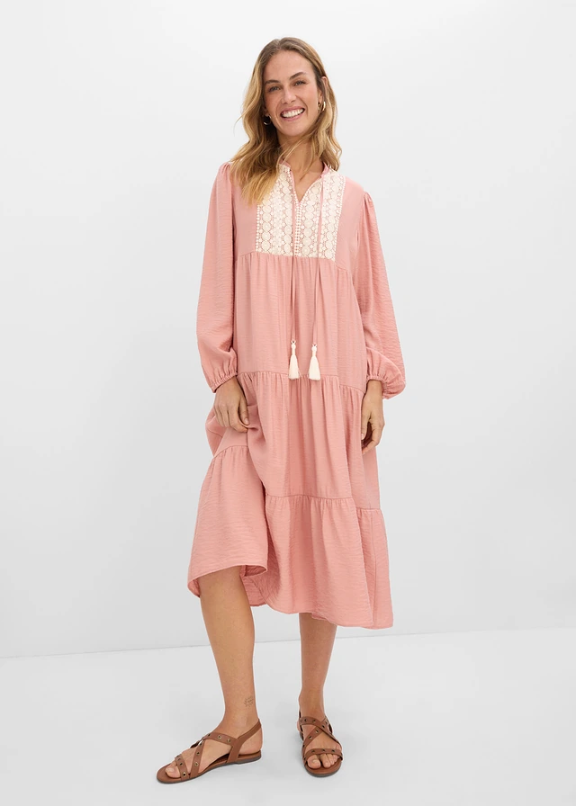 Midi jurk in een zachte viscose-mix • poederbruin-ecru • product-page.page-title-suffix