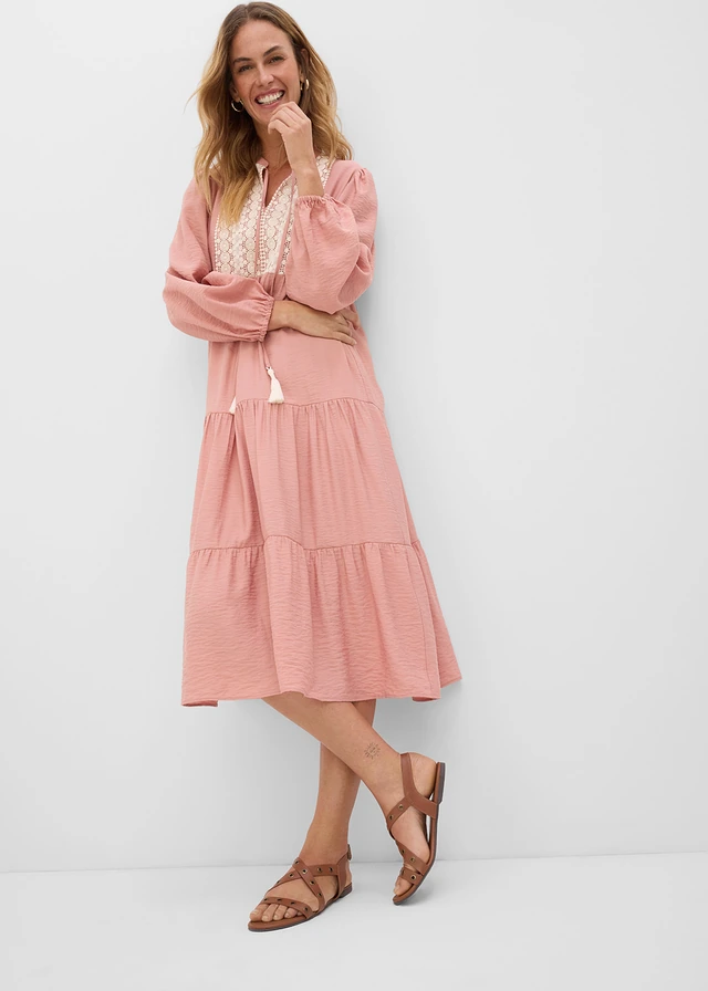 Midi jurk in een zachte viscose-mix • poederbruin-ecru • product-page.page-title-suffix