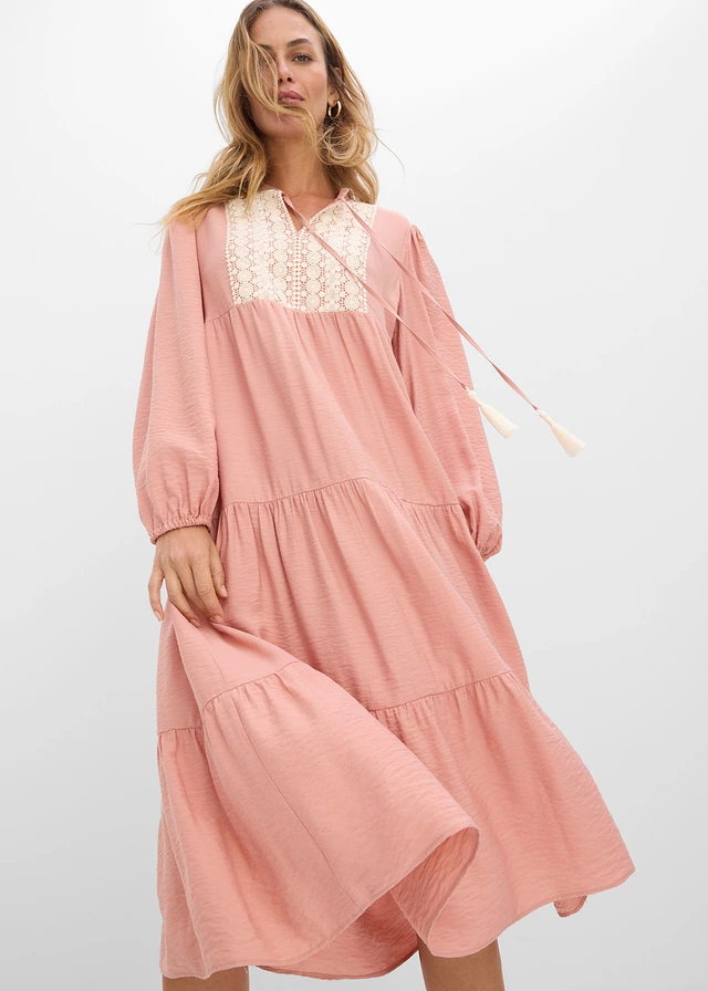 Midi jurk in een zachte viscose-mix • poederbruin-ecru • product-page.page-title-suffix
