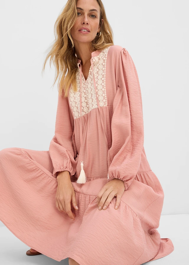 Midi jurk in een zachte viscose-mix • poederbruin-ecru • product-page.page-title-suffix