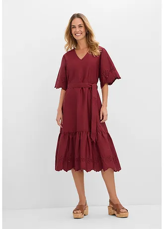 Robe midi 100% coton, Couleur: rouge rubis