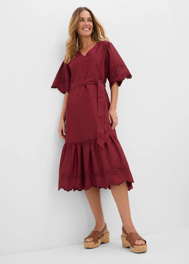 Robe midi 100% coton, Couleur: rouge rubis