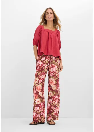 Pantalon large à pinces, Couleur: rouge rubis floral