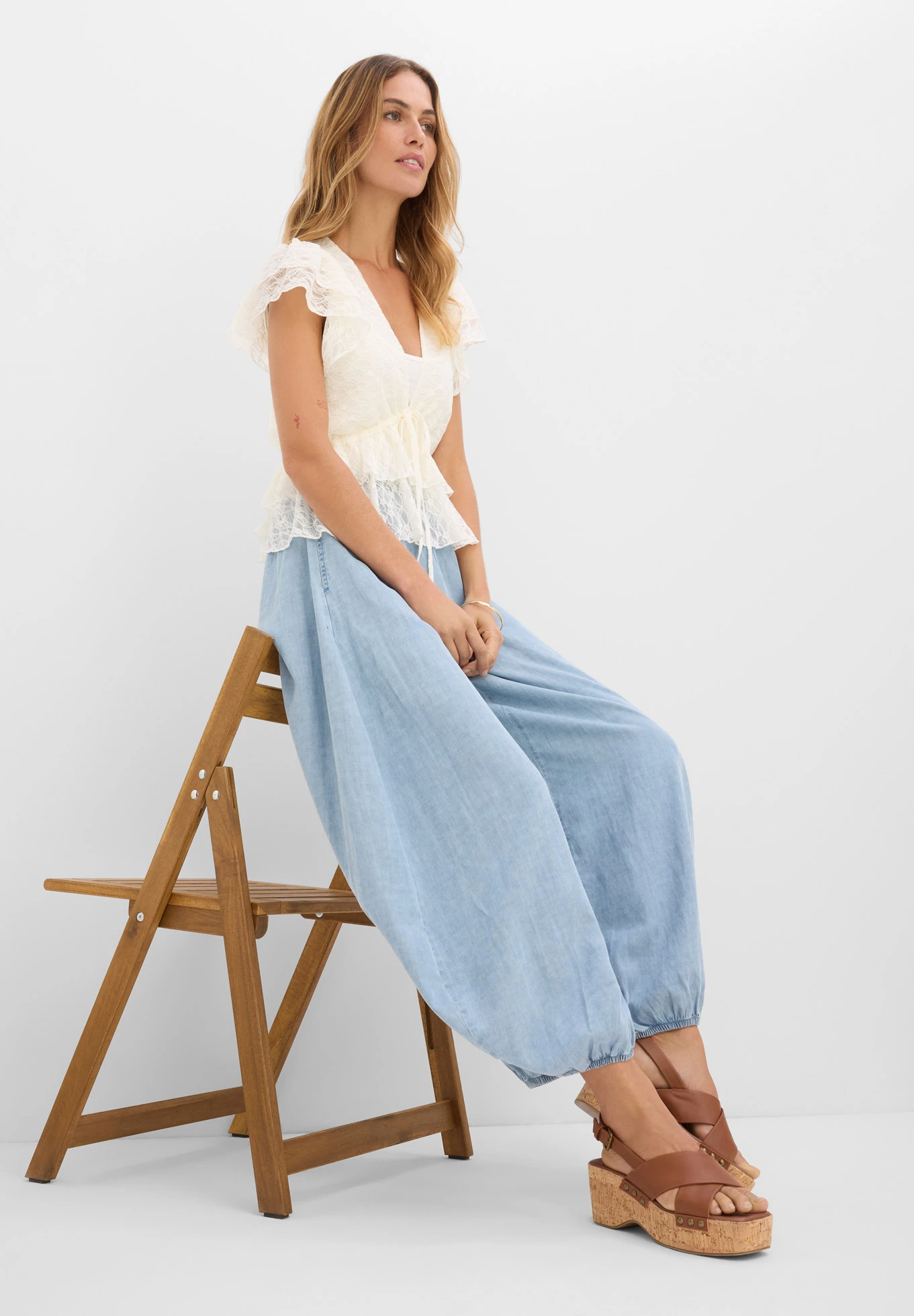 Harémové kalhoty z lehké lněné směsi • ledově modrý denim • bonprix obchod