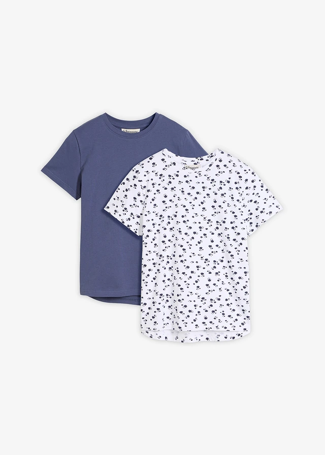 T-shirt van een elastische biologisch katoenmix (set van 2), Kleur: wit+indigo gebloemd