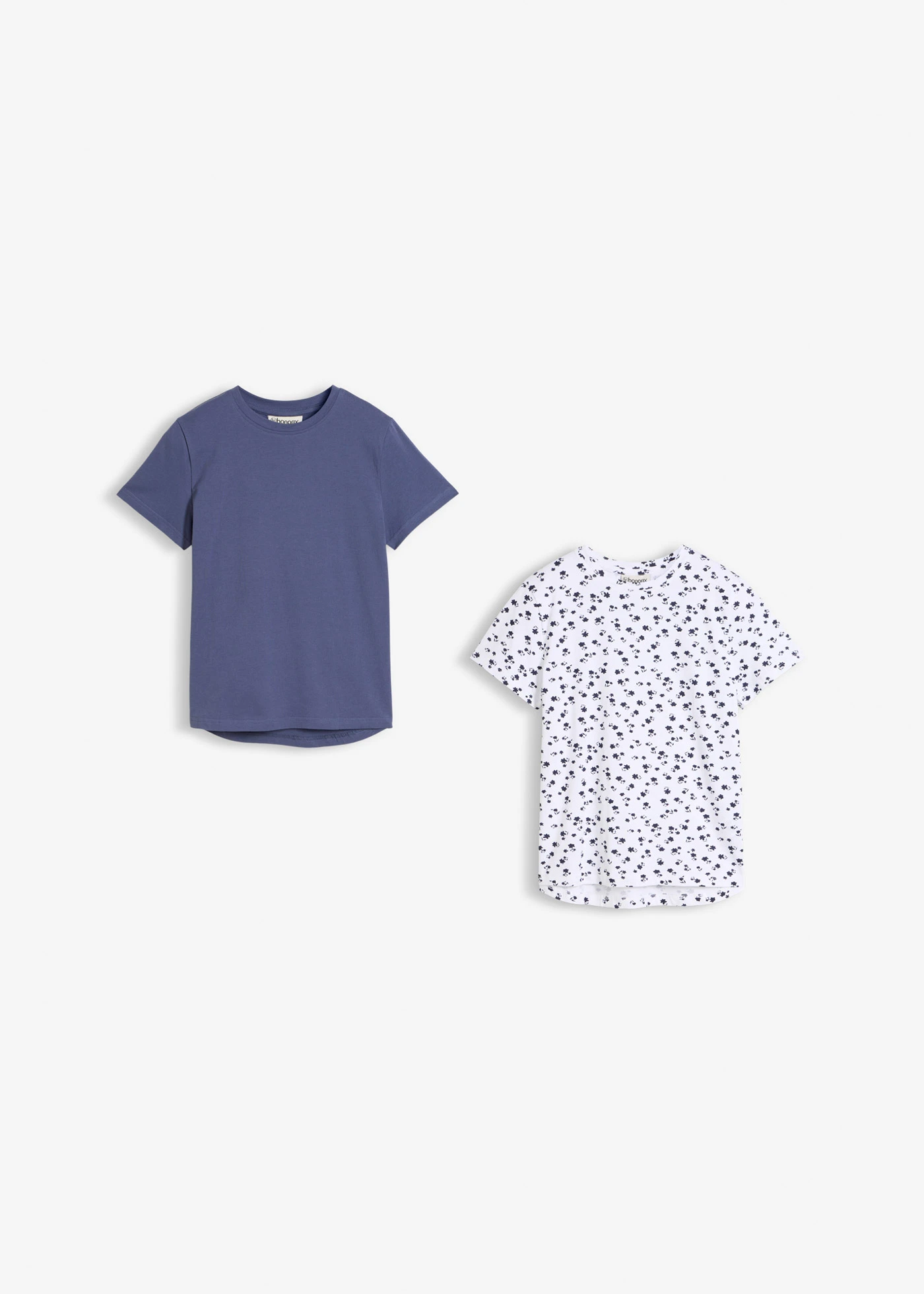 Lot de 2 T-shirts en coton extensible • blanc + indigo floral • Boutique bonprix