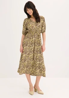 Midi jurk van soepele viscose, Kleur: kiezelbeige-natuurgroen gedessineerd