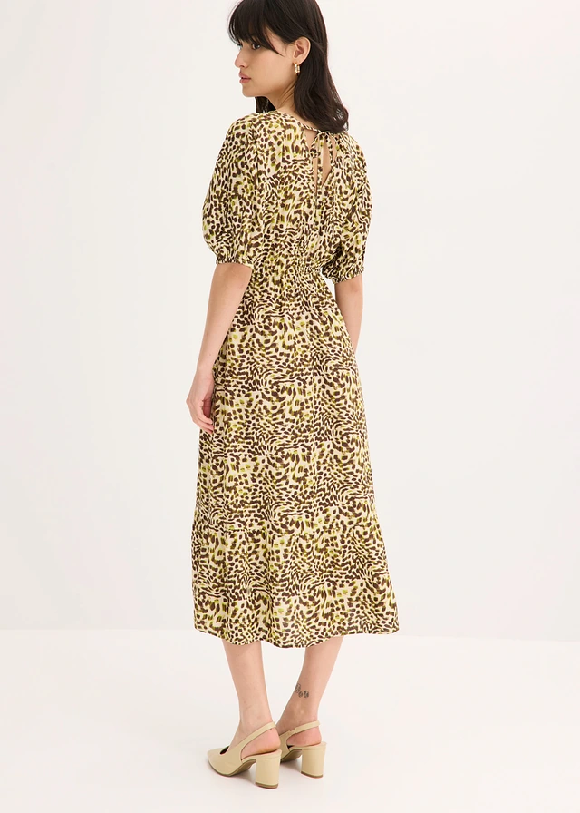 Rochie midi din viscoză fluidă, culoare: bej-prund-verde natur cu imprimeu