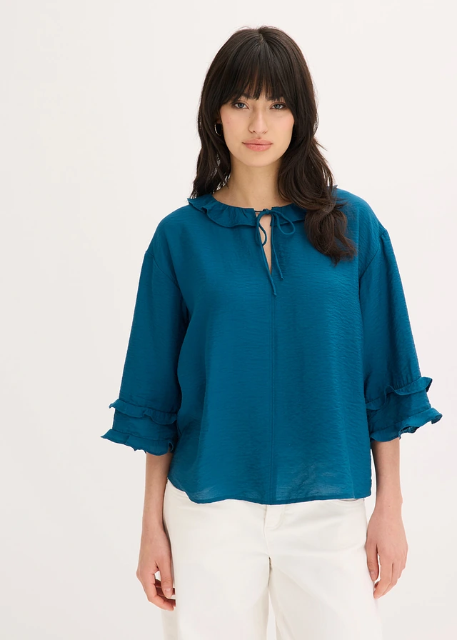 Blouse bohème en  fine viscose mélangée, Couleur: pétrole