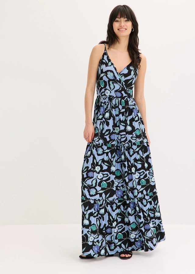 Maxi jurk van een zachte viscosemix, Kleur: zwart/lichtblauw gebloemd