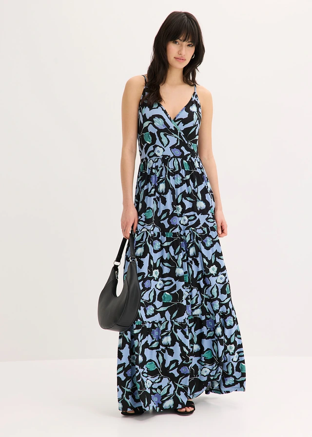 Robe longue en viscose douce et extensible, Couleur: noir-bleu clair floral