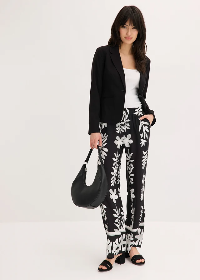 Gedessineerde broek van soepele viscose, Kleur: zwart-wit gebloemd