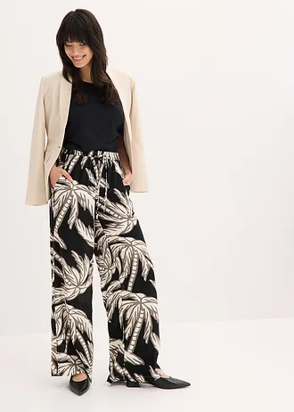 Pantaloni marlene din viscoză fluidă • negru/alb floral • magazin bonprix