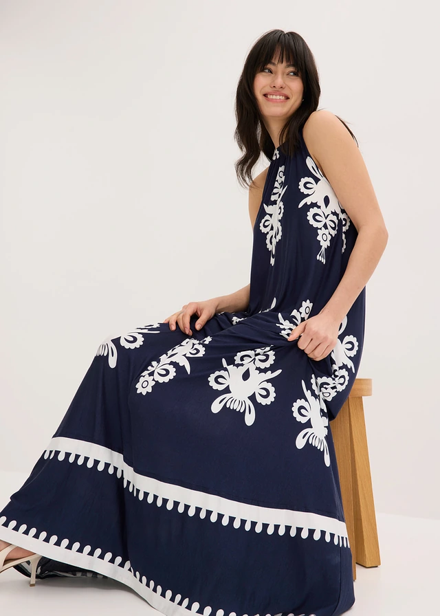 Robe douce en jersey viscose • bleu foncé-écru imprimé • product-page.page-title-suffix