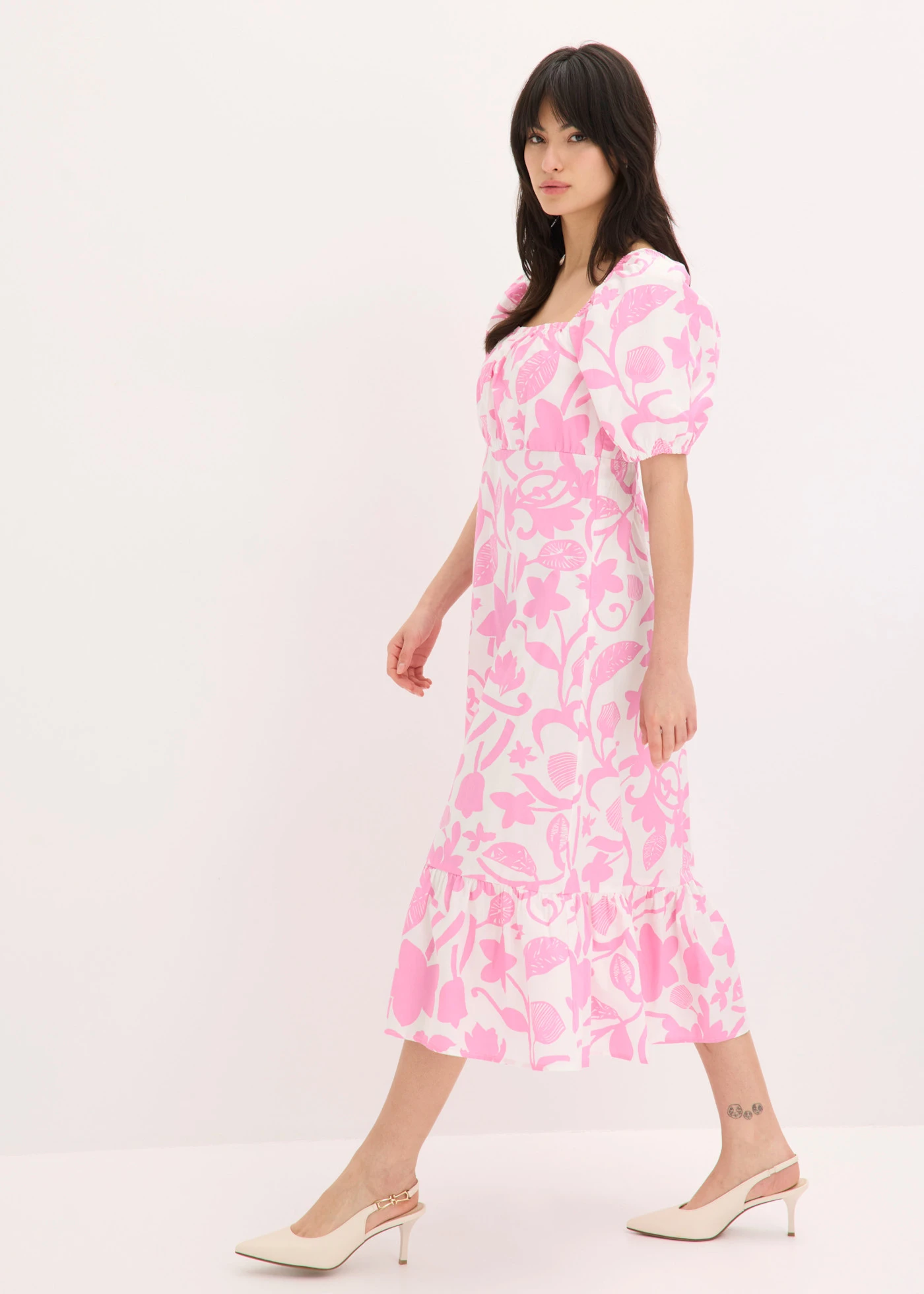 Midi jurk van puur biologisch katoen • wit-roze gebloemd • bonprix online shop