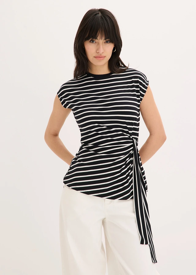 T-shirt avec drapé, Couleur: noir-écru rayé