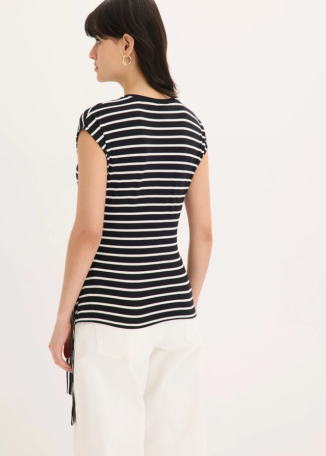 T-shirt avec drapé, Couleur: noir-écru rayé