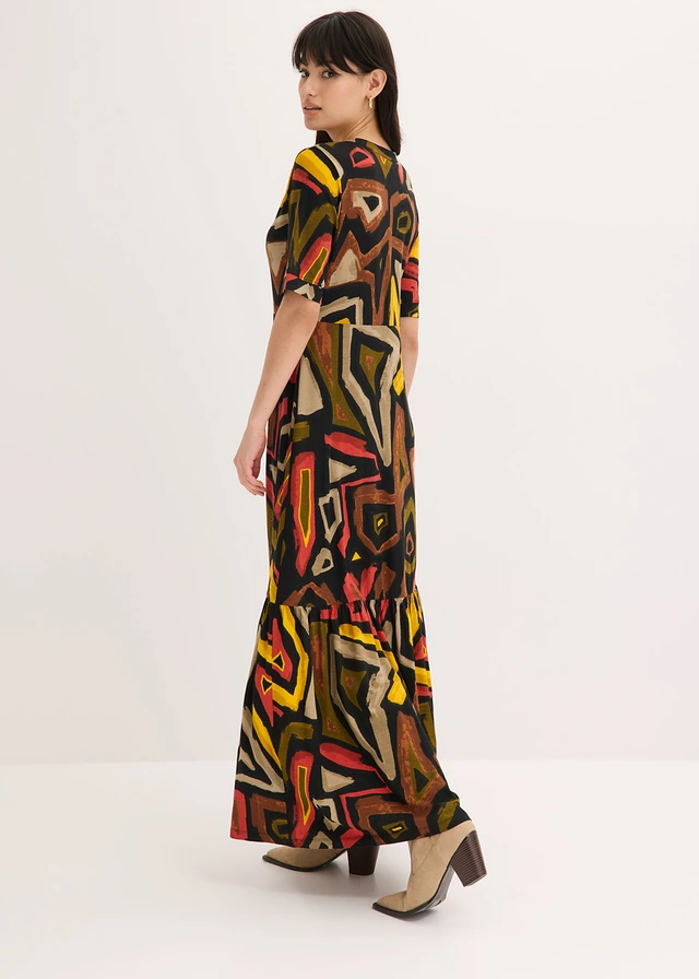 Robe longue en jersey viscose, Couleur: rouge carmin/noir imprimé