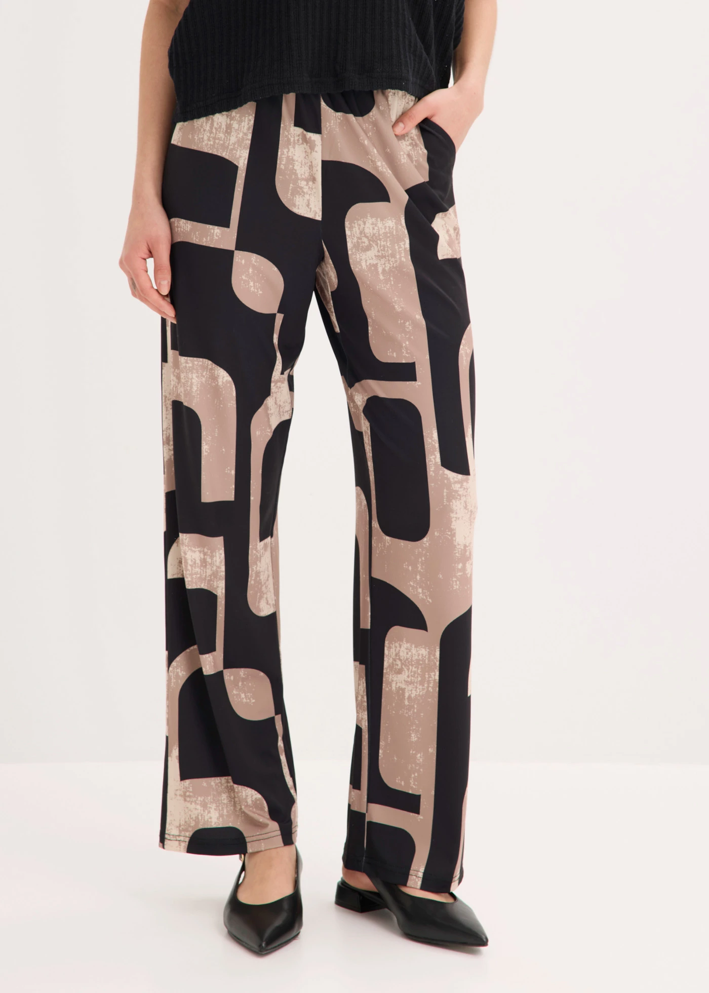 Jersey broek • zwart-kiezelgrijs met print • bonprix online shop