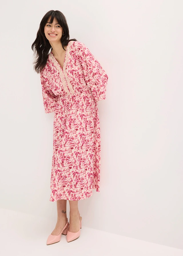 Robe en jersey avec dentelle, Couleur: rose vif imprimé