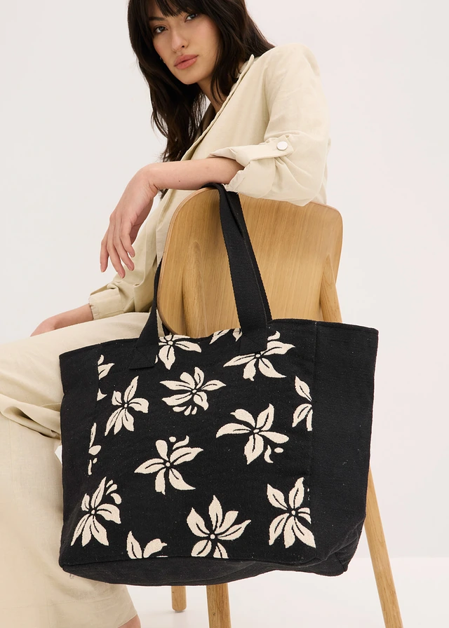 Cabas en toile à motif floral, Couleur: écru-noir graphique